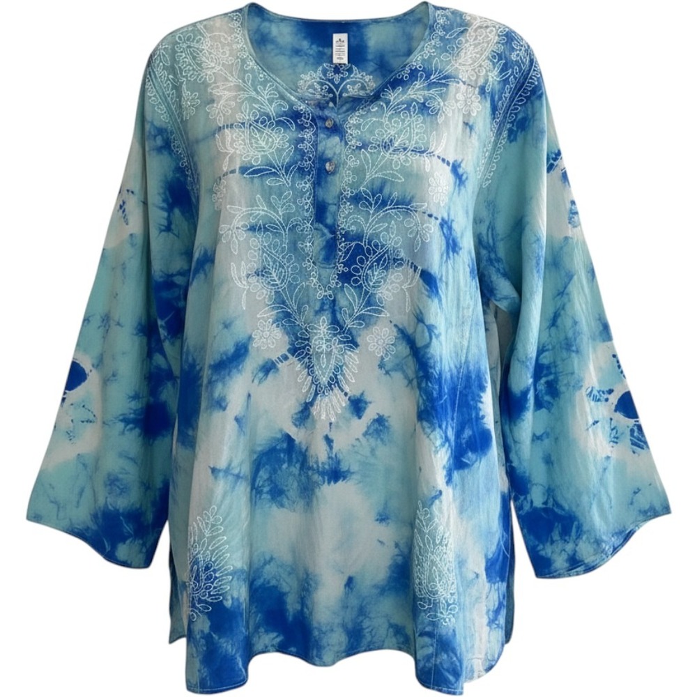 Blue Tie Dye Embroidered Silk Tunic Top Long Sleeve Boho Blouse Women XL